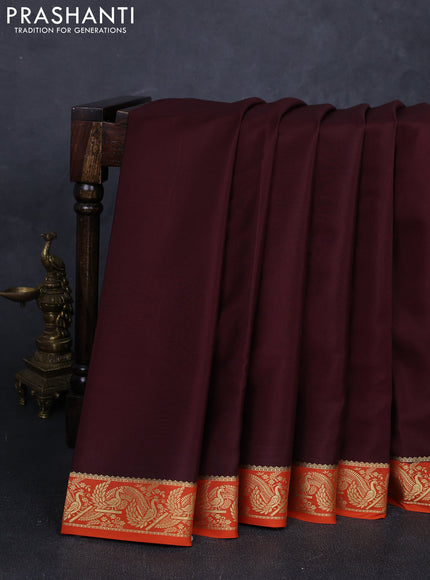 Pure mysore silk saree coffee brown and rust shade with plain body and zari woven border
