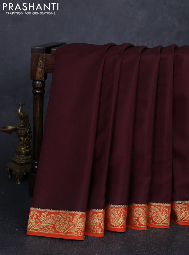 Pure mysore silk saree coffee brown and rust shade with plain body and zari woven border