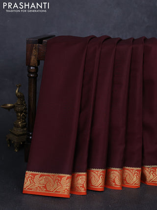Pure mysore silk saree coffee brown and rust shade with plain body and zari woven border