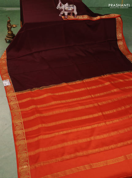 Pure mysore silk saree coffee brown and rust shade with plain body and zari woven border