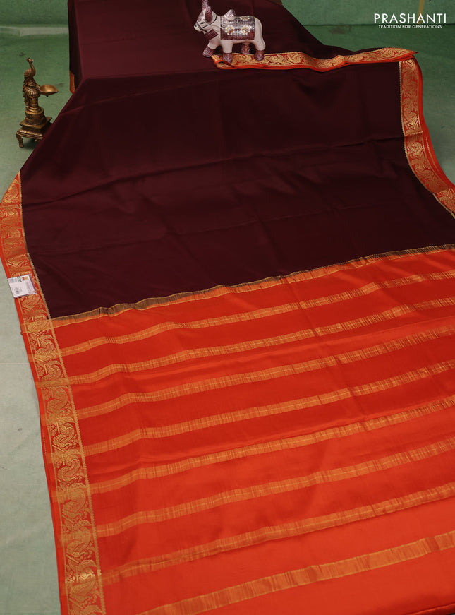 Pure mysore silk saree coffee brown and rust shade with plain body and zari woven border