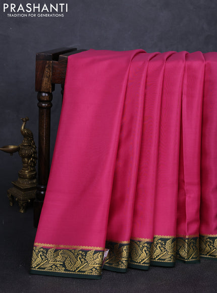 Pure mysore silk saree pink and bottle green with plain body and zari woven border