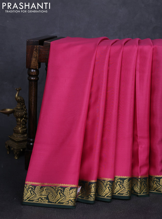 Pure mysore silk saree pink and bottle green with plain body and zari woven border