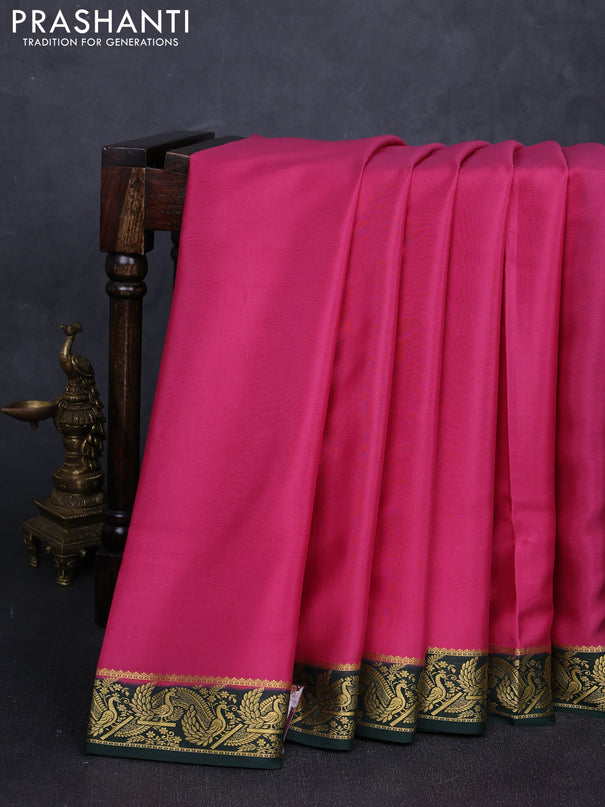 Pure mysore silk saree pink and bottle green with plain body and zari woven border