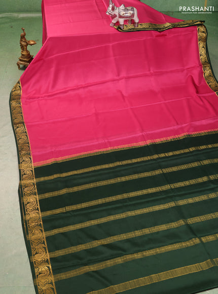 Pure mysore silk saree pink and bottle green with plain body and zari woven border