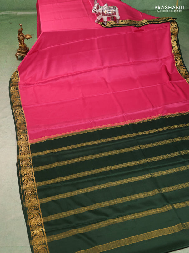 Pure mysore silk saree pink and bottle green with plain body and zari woven border
