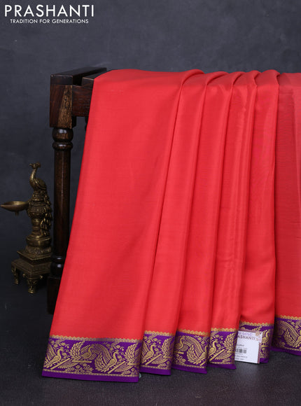 Pure mysore silk saree peach orange and violet with plain body and zari woven border