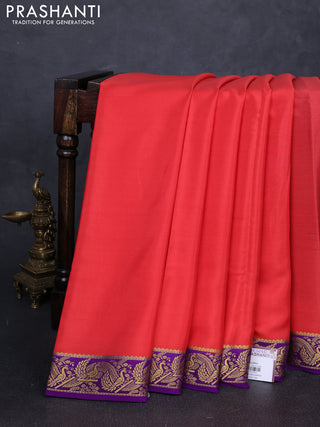 Pure mysore silk saree peach orange and violet with plain body and zari woven border