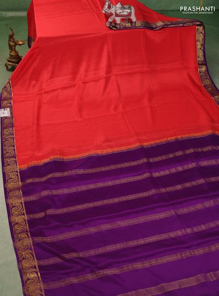 Pure mysore silk saree peach orange and violet with plain body and zari woven border