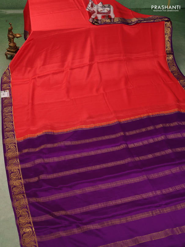 Pure mysore silk saree peach orange and violet with plain body and zari woven border
