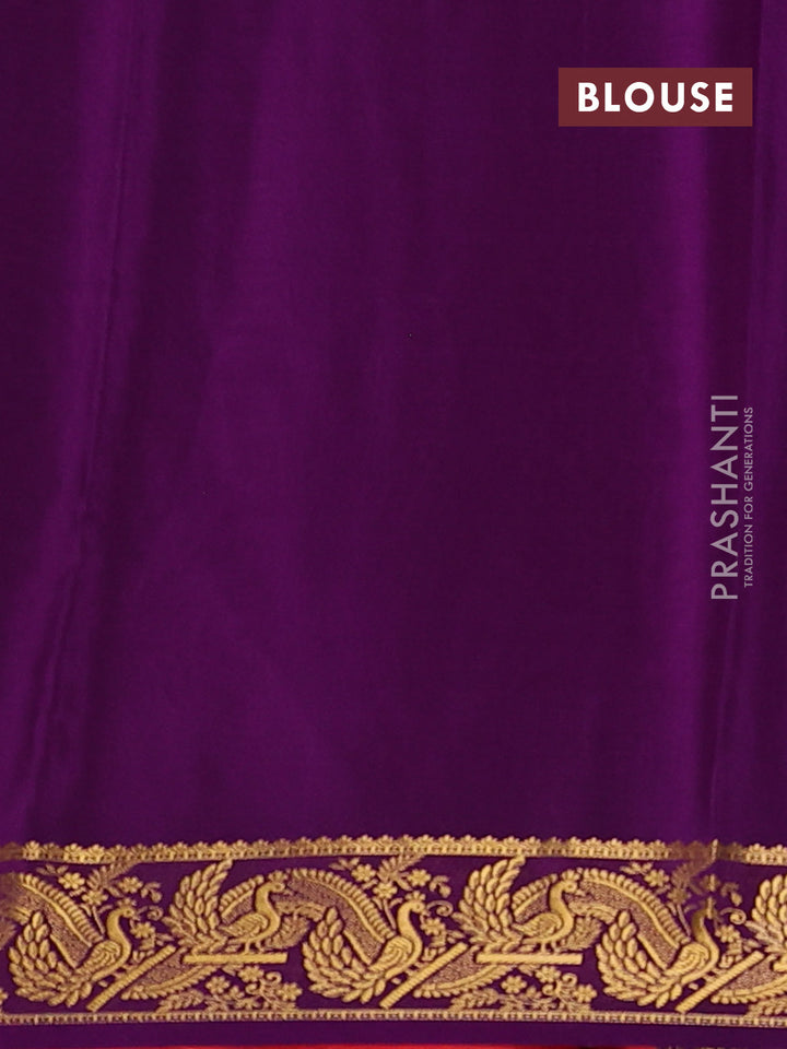 Pure mysore silk saree peach orange and violet with plain body and zari woven border