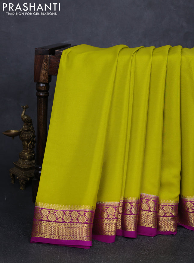 Pure mysore silk saree lime green and purple with plain body and zari woven border