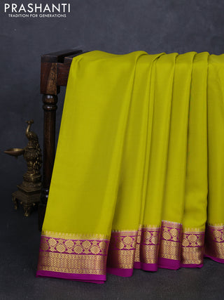 Pure mysore silk saree lime green and purple with plain body and zari woven border