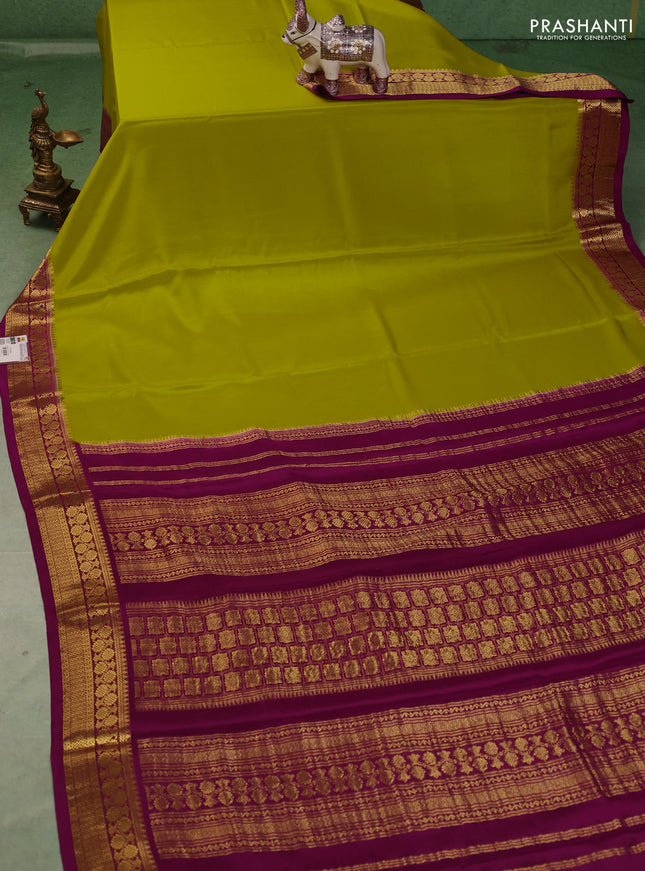 Pure mysore silk saree lime green and purple with plain body and zari woven border