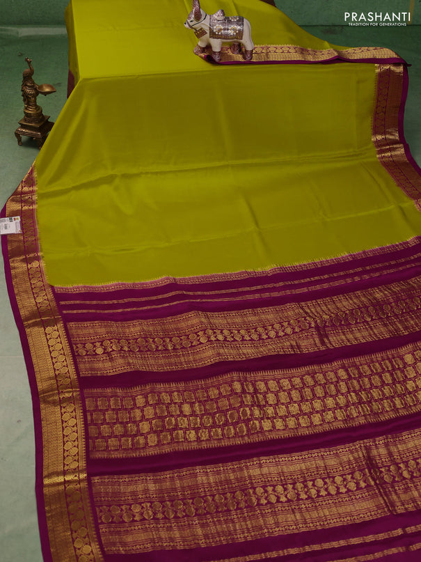 Pure mysore silk saree lime green and purple with plain body and zari woven border