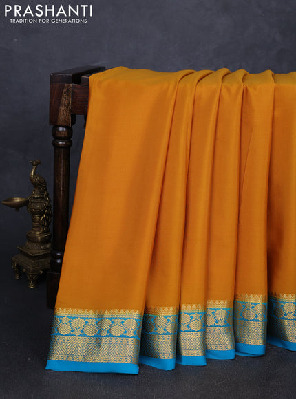 Pure mysore silk saree mustard yellow and teal blue with plain body and zari woven border