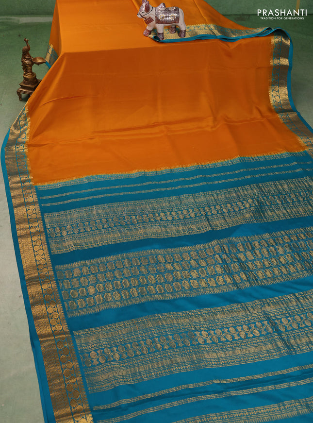 Pure mysore silk saree mustard yellow and teal blue with plain body and zari woven border