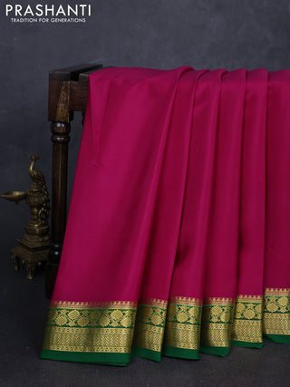 Pure mysore silk saree magenta pink and green with plain body and zari woven border