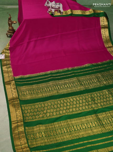 Pure mysore silk saree magenta pink and green with plain body and zari woven border
