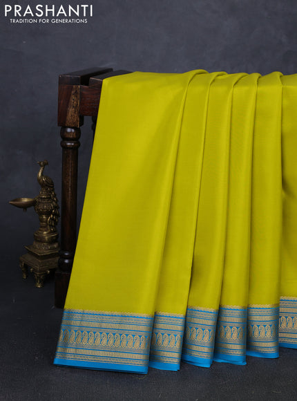 Pure mysore silk saree lime green and teal blue with plain body and zari woven border