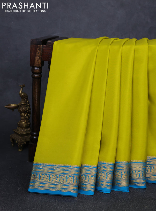 Pure mysore silk saree lime green and teal blue with plain body and zari woven border