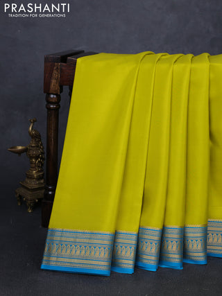 Pure mysore silk saree lime green and teal blue with plain body and zari woven border