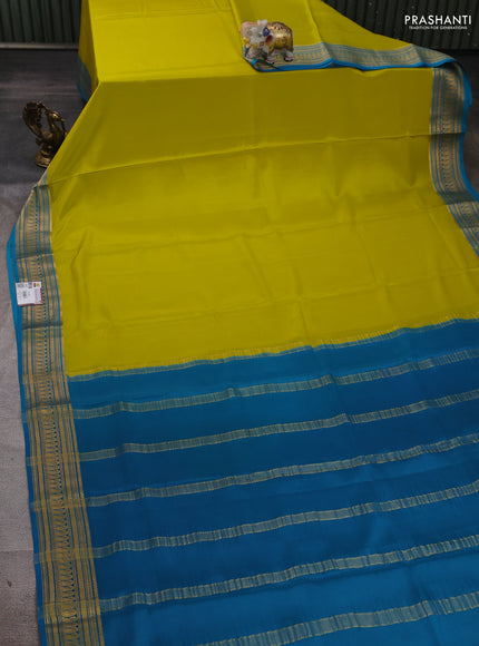 Pure mysore silk saree lime green and teal blue with plain body and zari woven border