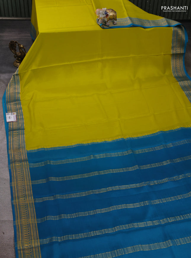 Pure mysore silk saree lime green and teal blue with plain body and zari woven border