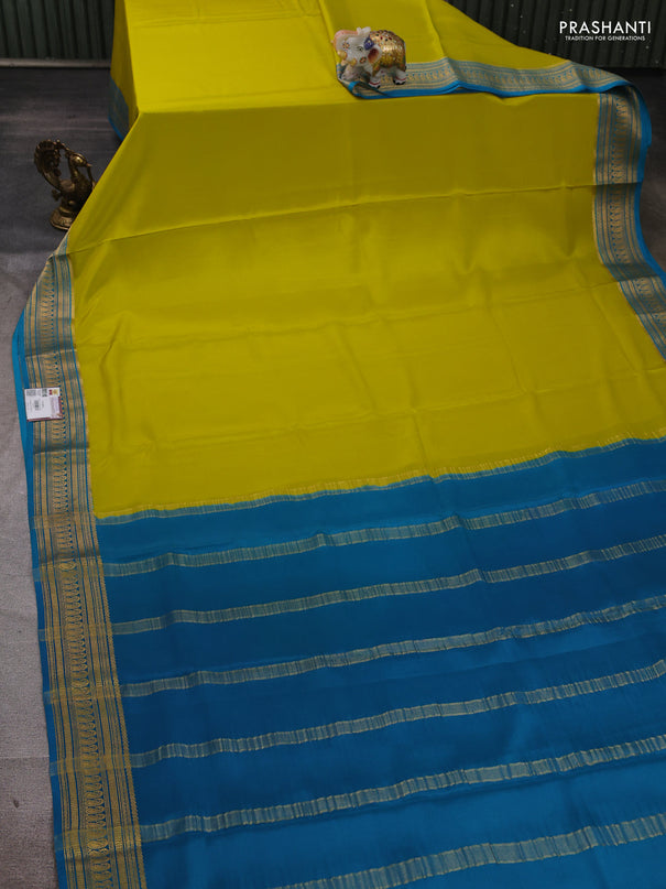 Pure mysore silk saree lime green and teal blue with plain body and zari woven border