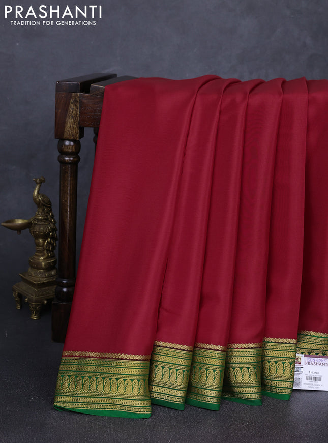 Pure mysore silk saree red and green with plain body and zari woven border