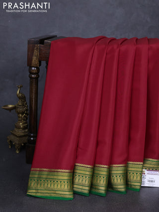 Pure mysore silk saree red and green with plain body and zari woven border