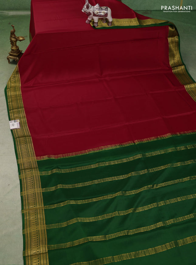 Pure mysore silk saree red and green with plain body and zari woven border