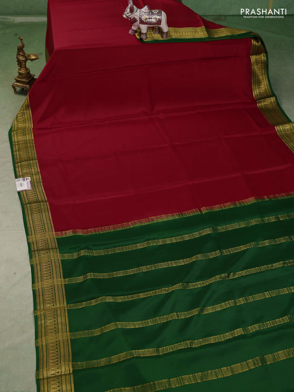 Pure mysore silk saree red and green with plain body and zari woven border