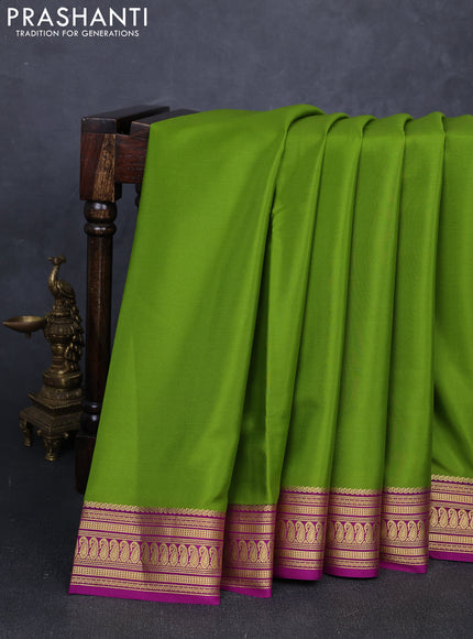 Pure mysore silk saree mehendi green and magenta pink with plain body and zari woven border