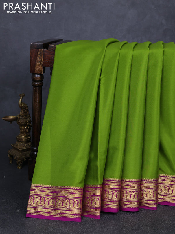 Pure mysore silk saree mehendi green and magenta pink with plain body and zari woven border