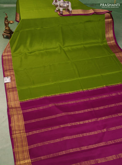 Pure mysore silk saree mehendi green and magenta pink with plain body and zari woven border