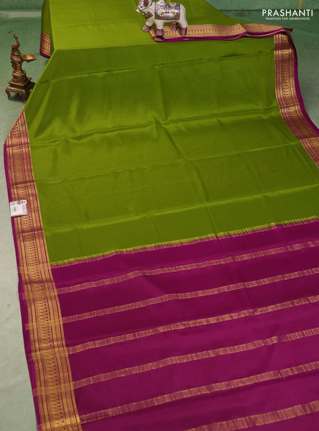 Pure mysore silk saree mehendi green and magenta pink with plain body and zari woven border