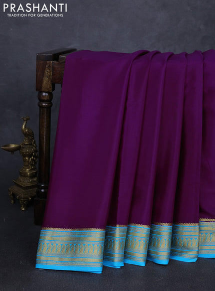 Pure mysore silk saree purple and teal blue with plain body and zari woven border