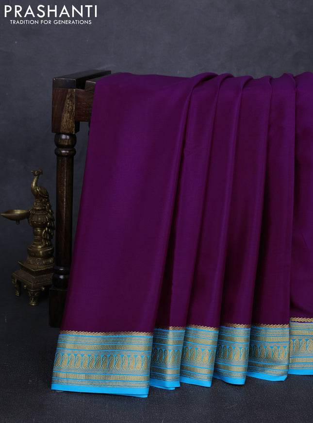 Pure mysore silk saree purple and teal blue with plain body and zari woven border