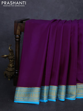 Pure mysore silk saree purple and teal blue with plain body and zari woven border