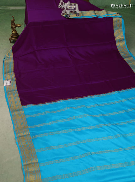 Pure mysore silk saree purple and teal blue with plain body and zari woven border