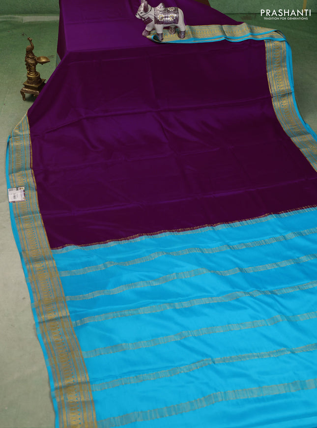 Pure mysore silk saree purple and teal blue with plain body and zari woven border