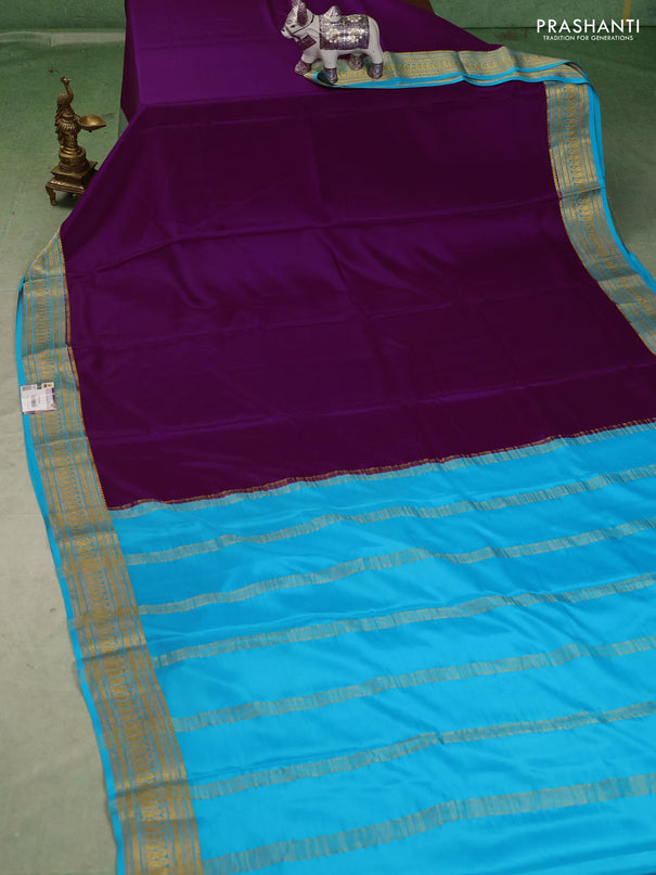 Pure mysore silk saree purple and teal blue with plain body and zari woven border