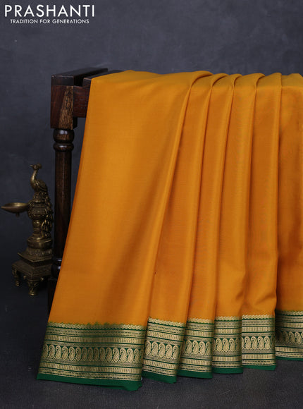Pure mysore silk saree mustard yellow and green with plain body and zari woven border