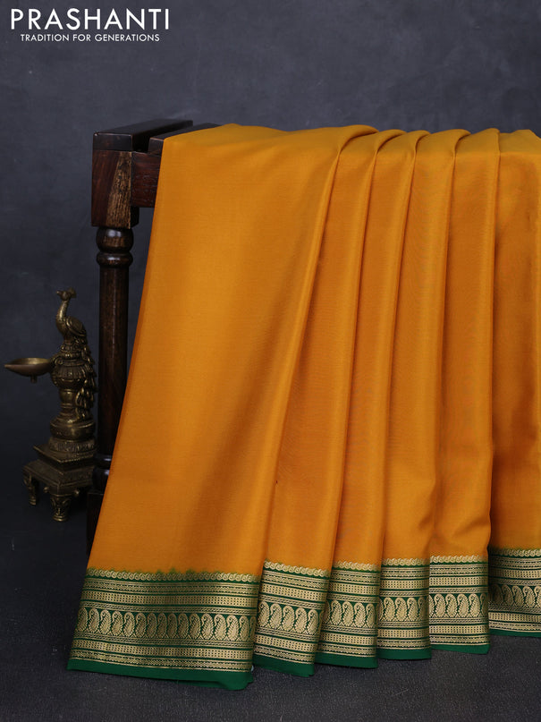 Pure mysore silk saree mustard yellow and green with plain body and zari woven border