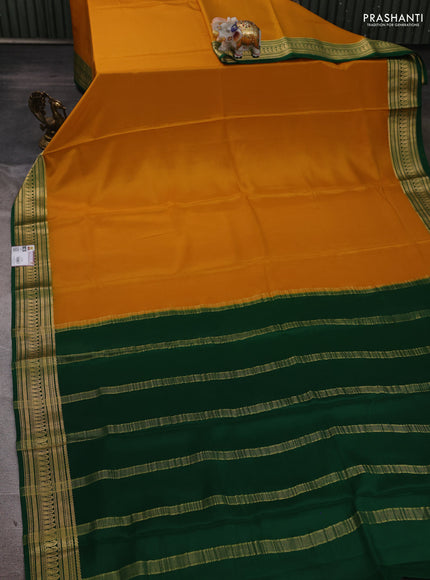 Pure mysore silk saree mustard yellow and green with plain body and zari woven border
