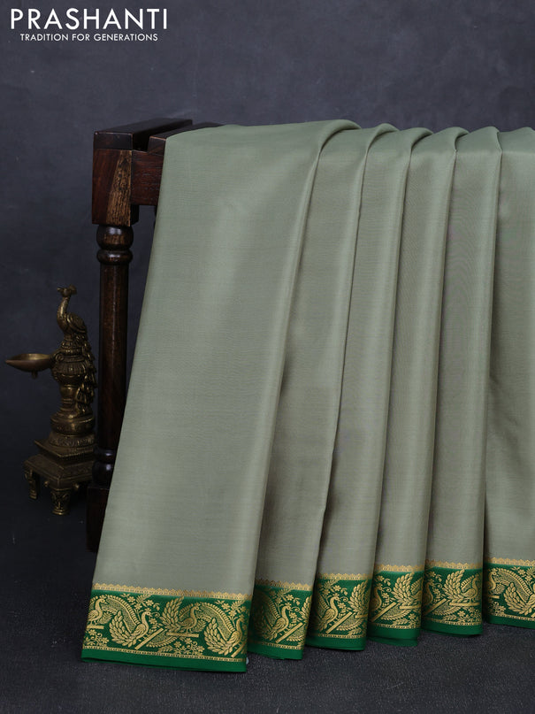 Pure mysore silk saree pastel green and green with plain body and zari woven border