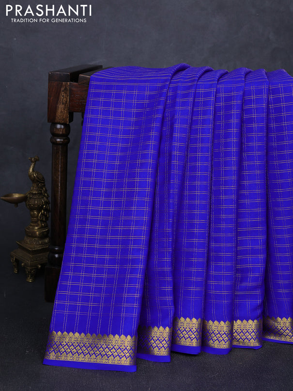 Pure mysore silk saree royal blue with allover zari checked pattern and zari woven border