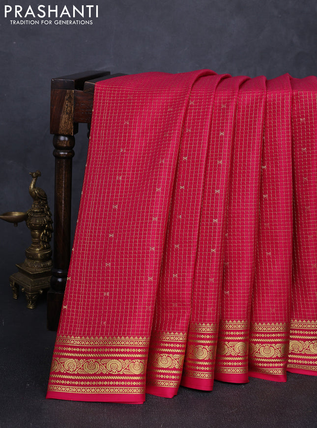 Pure mysore silk saree tomato pink with allover zari checks & buttas and zari woven border