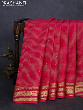 Pure mysore silk saree tomato pink with allover zari checks & buttas and zari woven border